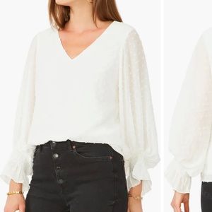 Vince Camuto Long Sleeve Smock Cuff Clip Dot V-Neck Blouse in Ecru Ivory